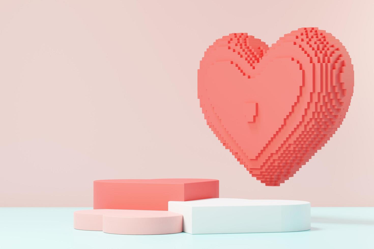 3D-Rendering minimale süße Szene mit Display-Podium für Mock-up und Produktmarkenpräsentation. Pinker Sockel zum Thema Valentinstag. süßer reizender Herzhintergrund. Designstil des Liebestages. foto