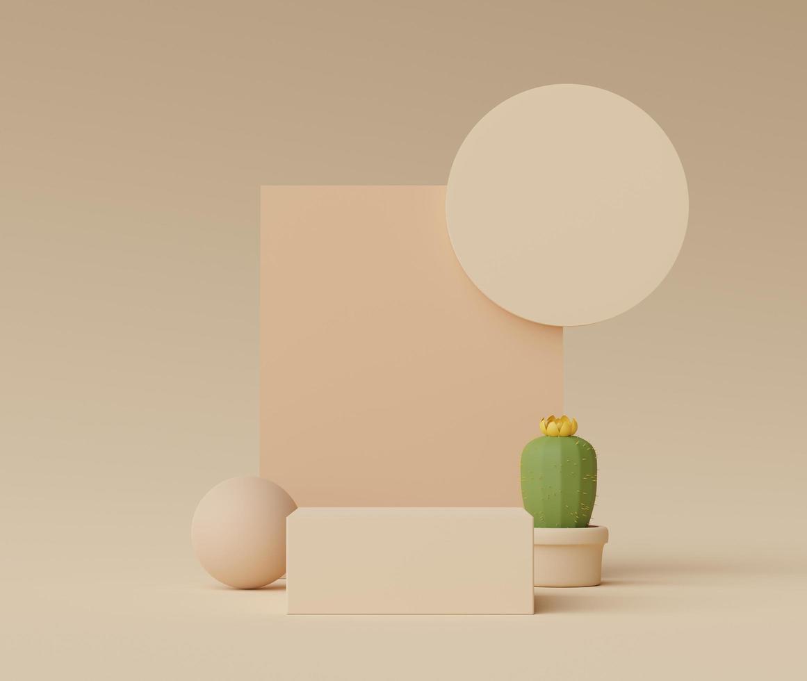 3D-Darstellung eines abstrakten, minimalen Anzeigepodiums zur Präsentation von Produkten, kosmetischen Präsentationen und Attrappen mit Kaktusbäumen. Vitrinenszene mit pastellfarbenem Erdton und tropischem Umgebungshintergrund. foto