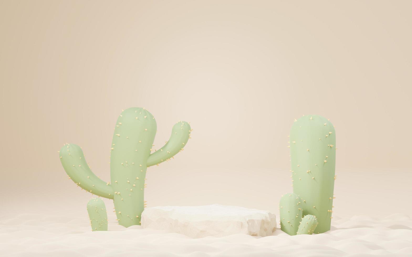 3D-Mock-up-braunes cremefarbenes Podium mit Kaktus- und Sandwüsten-Mini-Thema. Podestbühne für Produkt- und Kosmetikpräsentation. abstrakte bunte szene für werbung. Hintergrund der Verkaufsförderung. foto