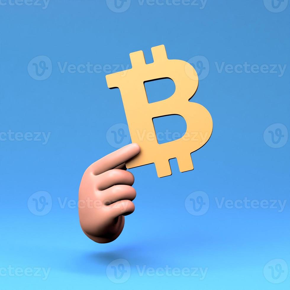 Die Hand hält ein Bitcoin-Zeichen. 3D-Darstellung. foto