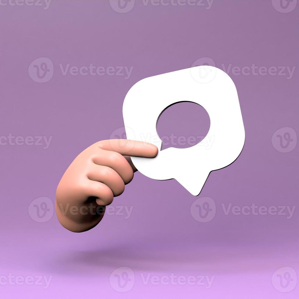 Hand, die das Chat-Symbol hält. 3D-Darstellung. foto