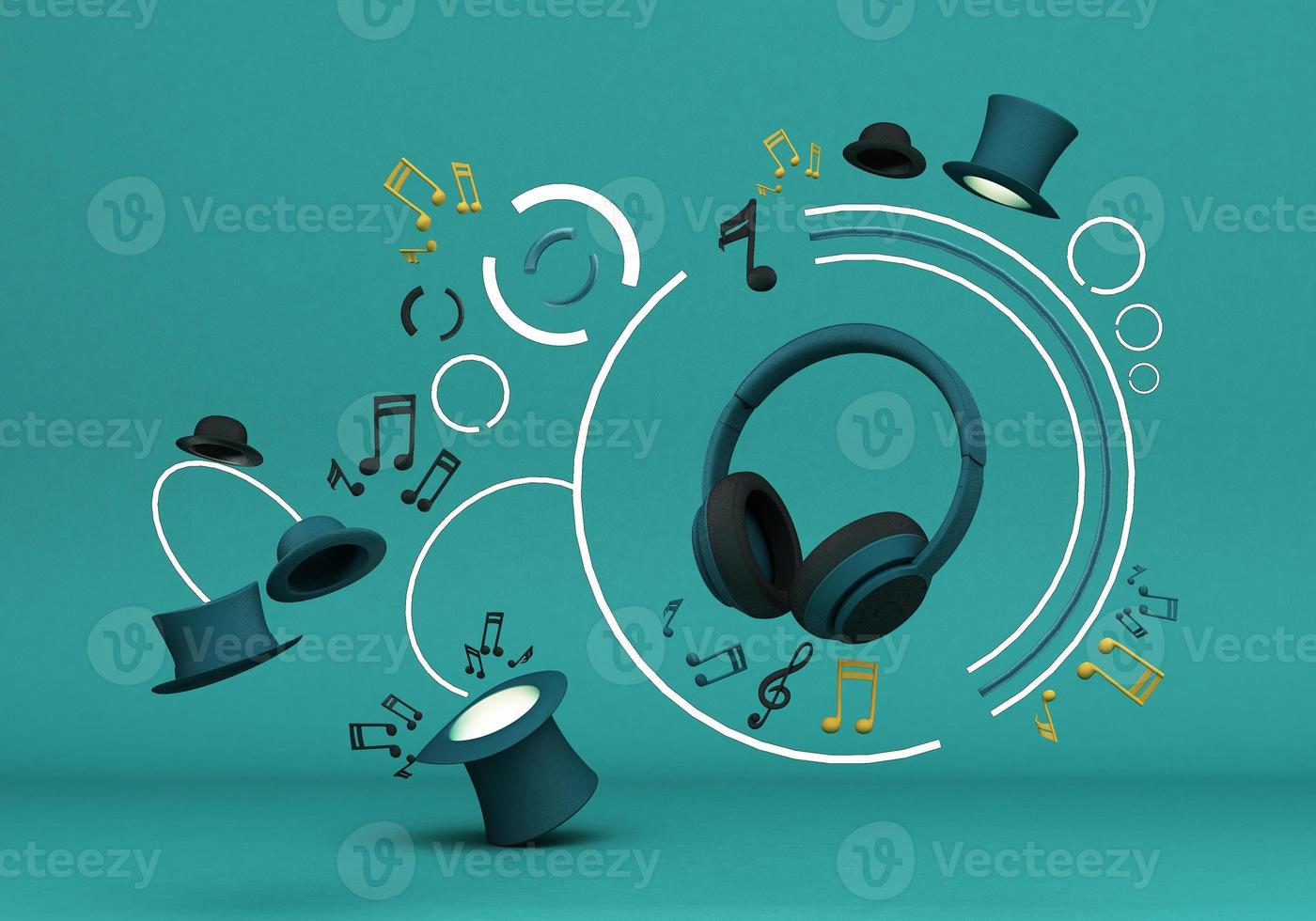 pastellkopfhörer mit notenmusik und hüten auf pastellhintergrund 3d-rendering foto
