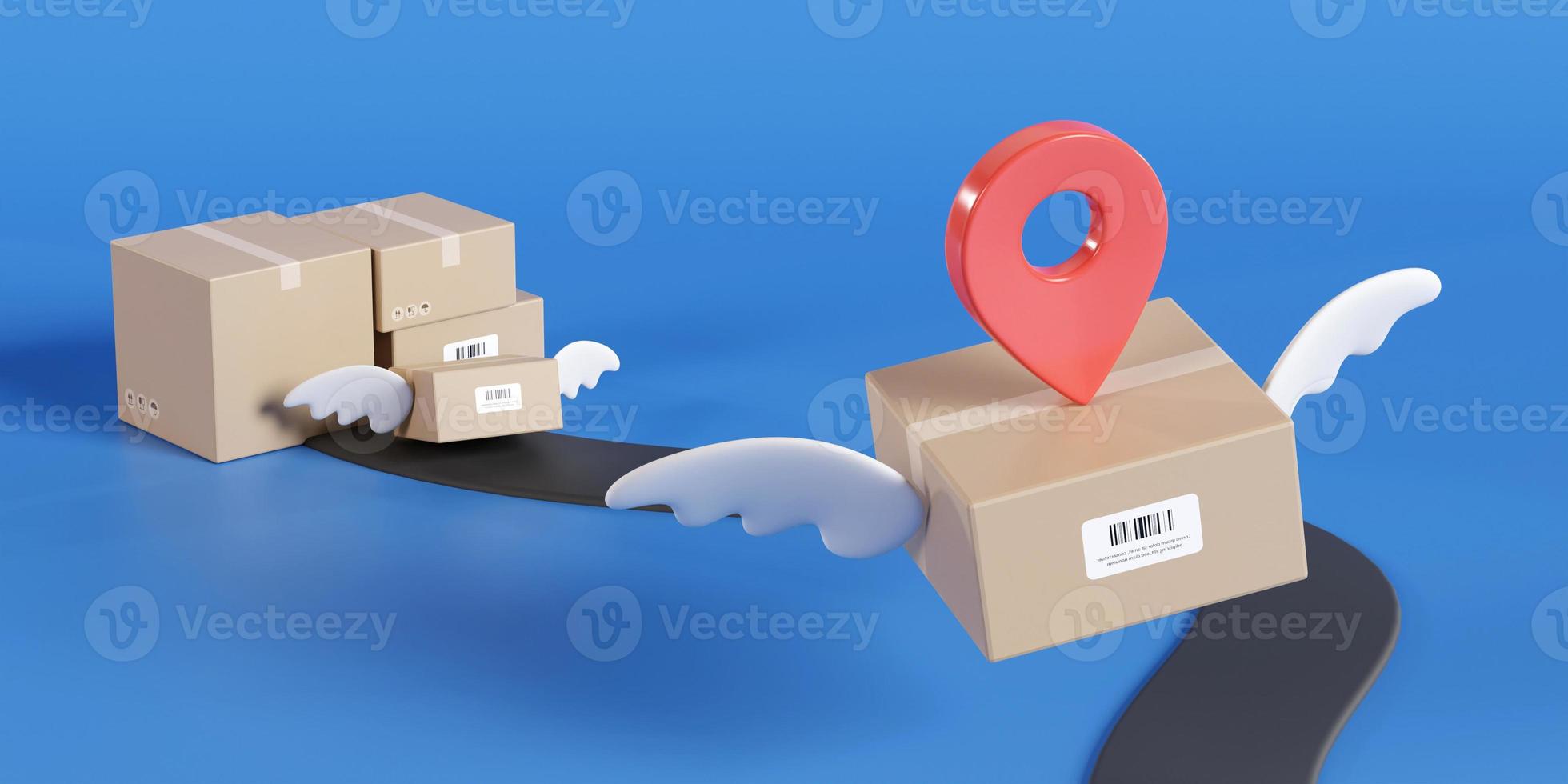 Braune Paketkartonfliege, Online-Lieferservice oder Versand- und globales Logistikkonzept, schneller und schneller Frachtversand. 3D-Rendering foto