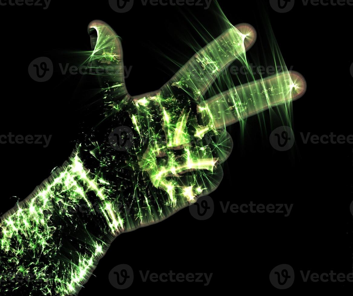 3D-Darstellung einer leuchtenden menschlichen männlichen Hand mit einer Kirlianaura, die Symbole zeigt foto