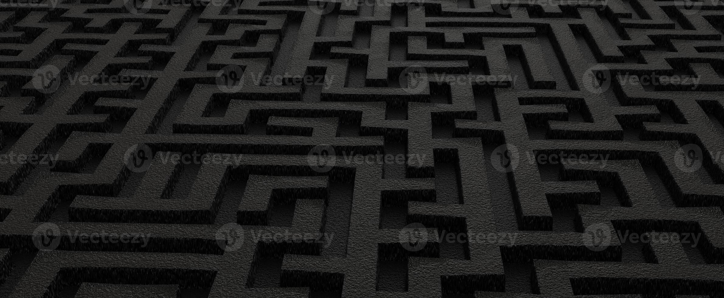 verworrenes Labyrinth im dunklen Hintergrund. schwarzes leeres labyrinth mit 3d-renderstein und geometrischen rätseln. Strategie der Wahl und Lösung komplizierter Probleme im Leben foto