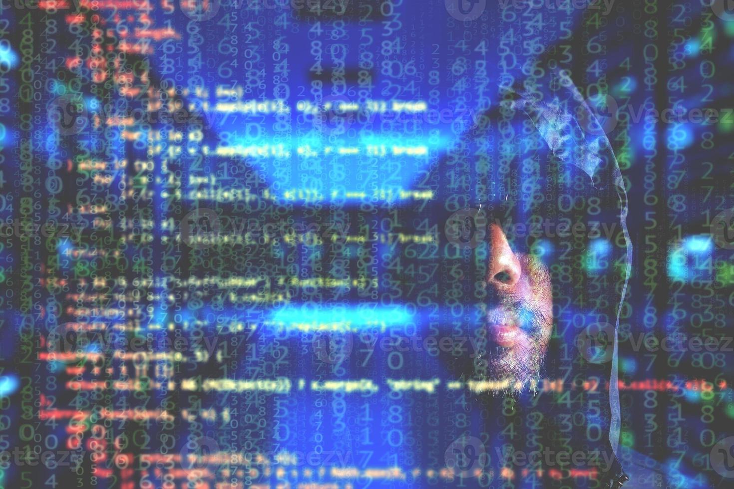 Hacker-Konzept. Hacker Hood ist ein gefährliches Hacking und Malware und Computervirus. Identitätsdiebstahl und Cybersicherheit foto