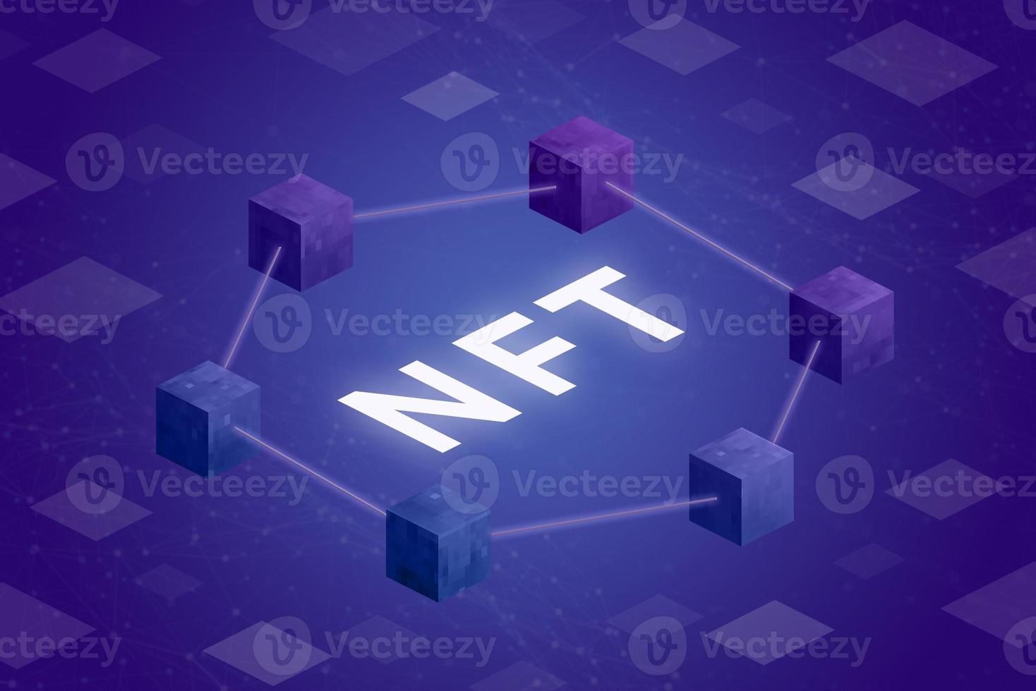 nft mit Blockchain-Blöcken in isometrischer sechseckiger Position mit Gitterknoten und Quadraten im Hintergrund, die das Konzept der Ausführung von Transaktionen darstellen. 3D-Darstellung foto