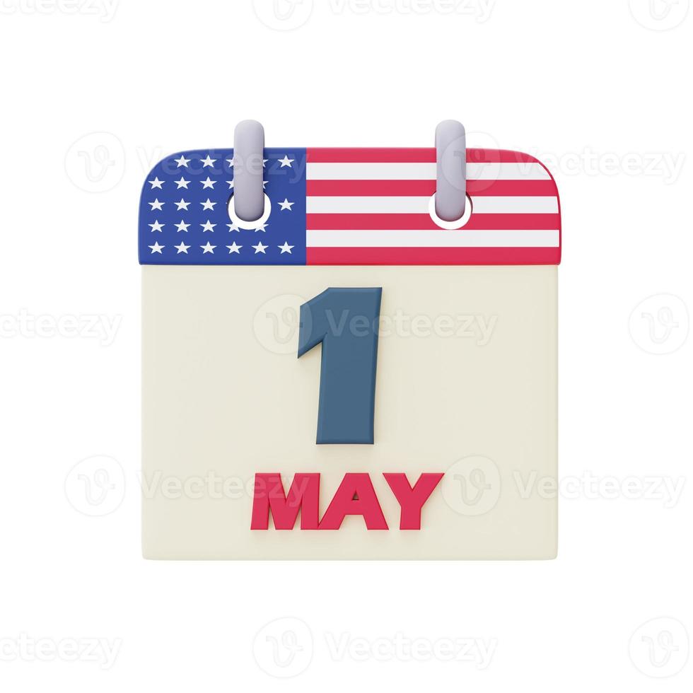 glücklicher arbeitstag, kalender mit amerikanischer flagge, 1. mai.3d-rendering foto