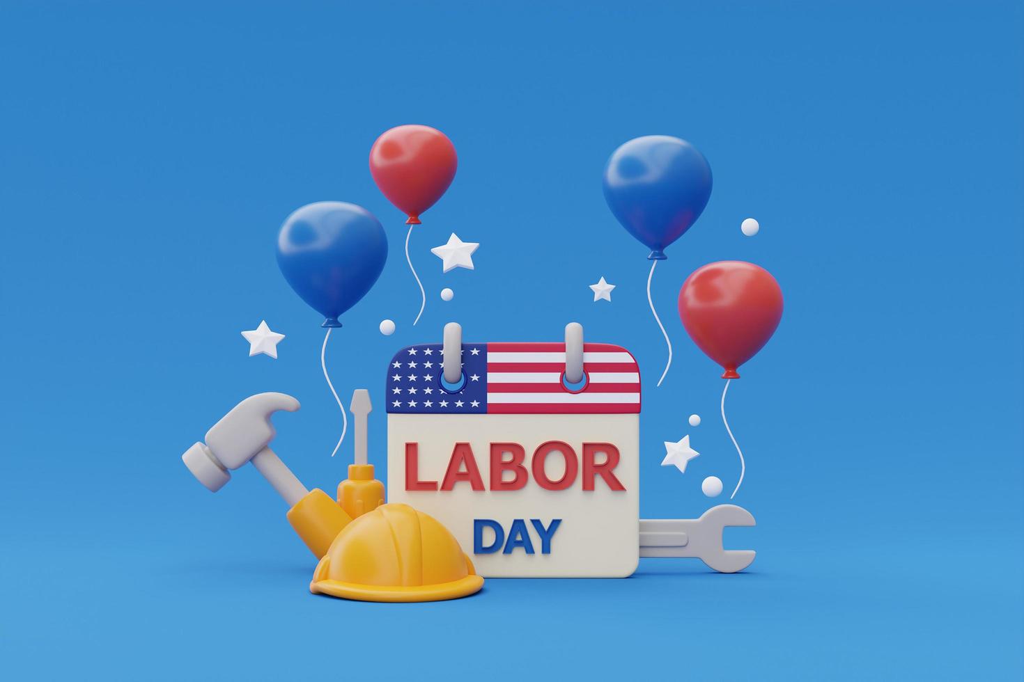 happy labor day usa-konzept mit kalender, bauwerkzeugen und ballon auf blauem hintergrund, 3d-rendering foto