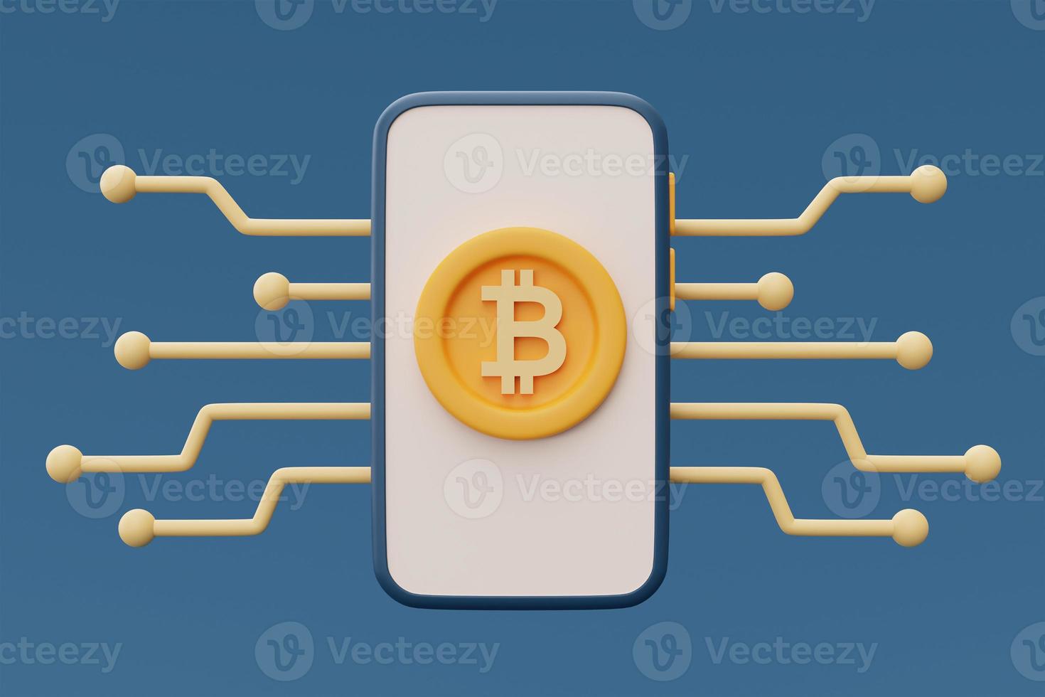 Goldene Bitcoin-Digitalwährung auf dem Smartphone, Blockchain-Technologiedienste, Krypto-Währungskonzept, 3D-Rendering. foto