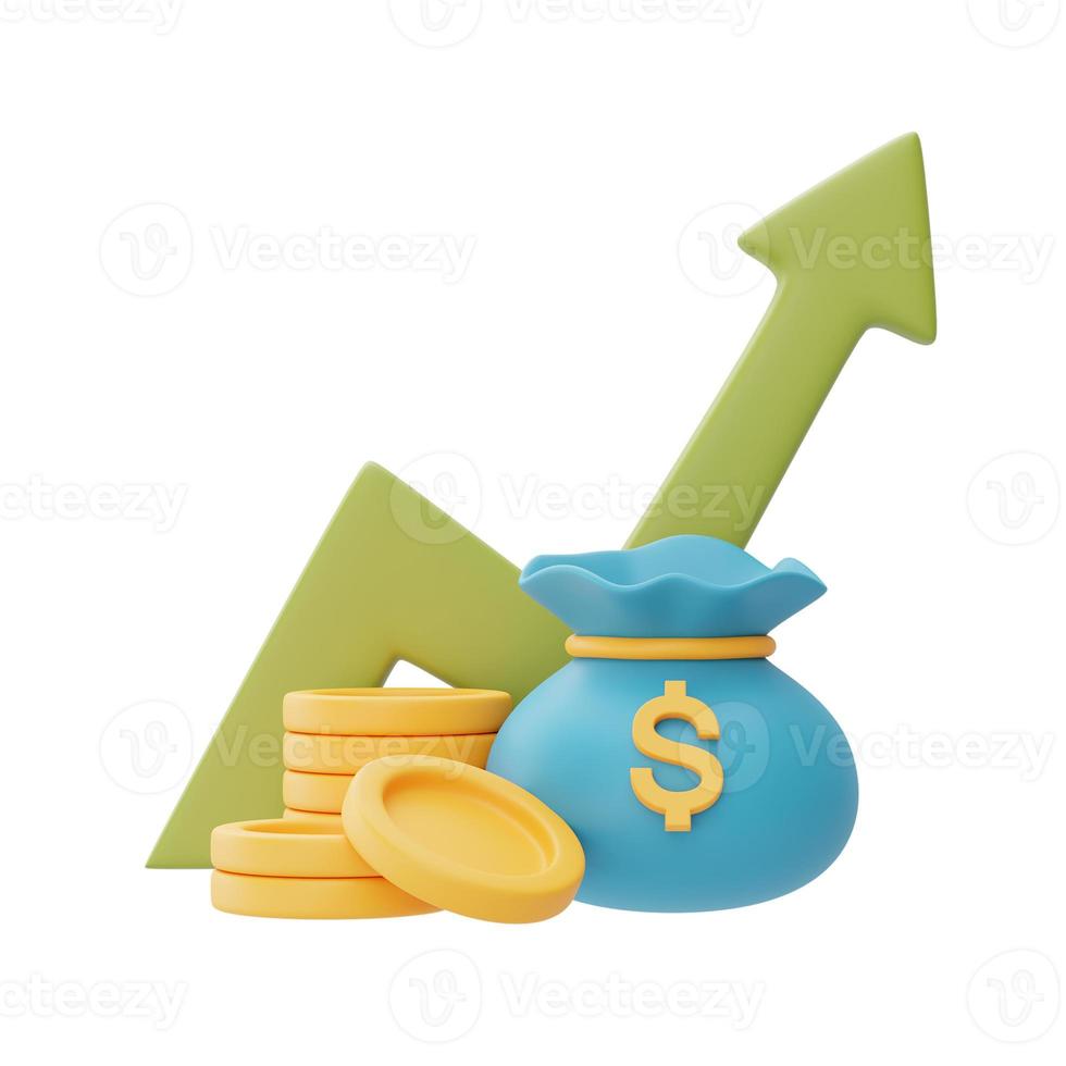 finanzinvestitionen zukünftiges einkommenswachstumskonzept mit münzenstapeln, münzbeutel und pfeil, geld sparen oder zinserhöhungen, 3d-rendering foto