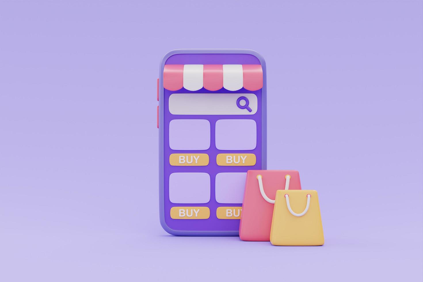Online-Shopping-Shop auf dem Smartphone mit Einkaufstüten auf violettem Hintergrund, 3D-Rendering. foto