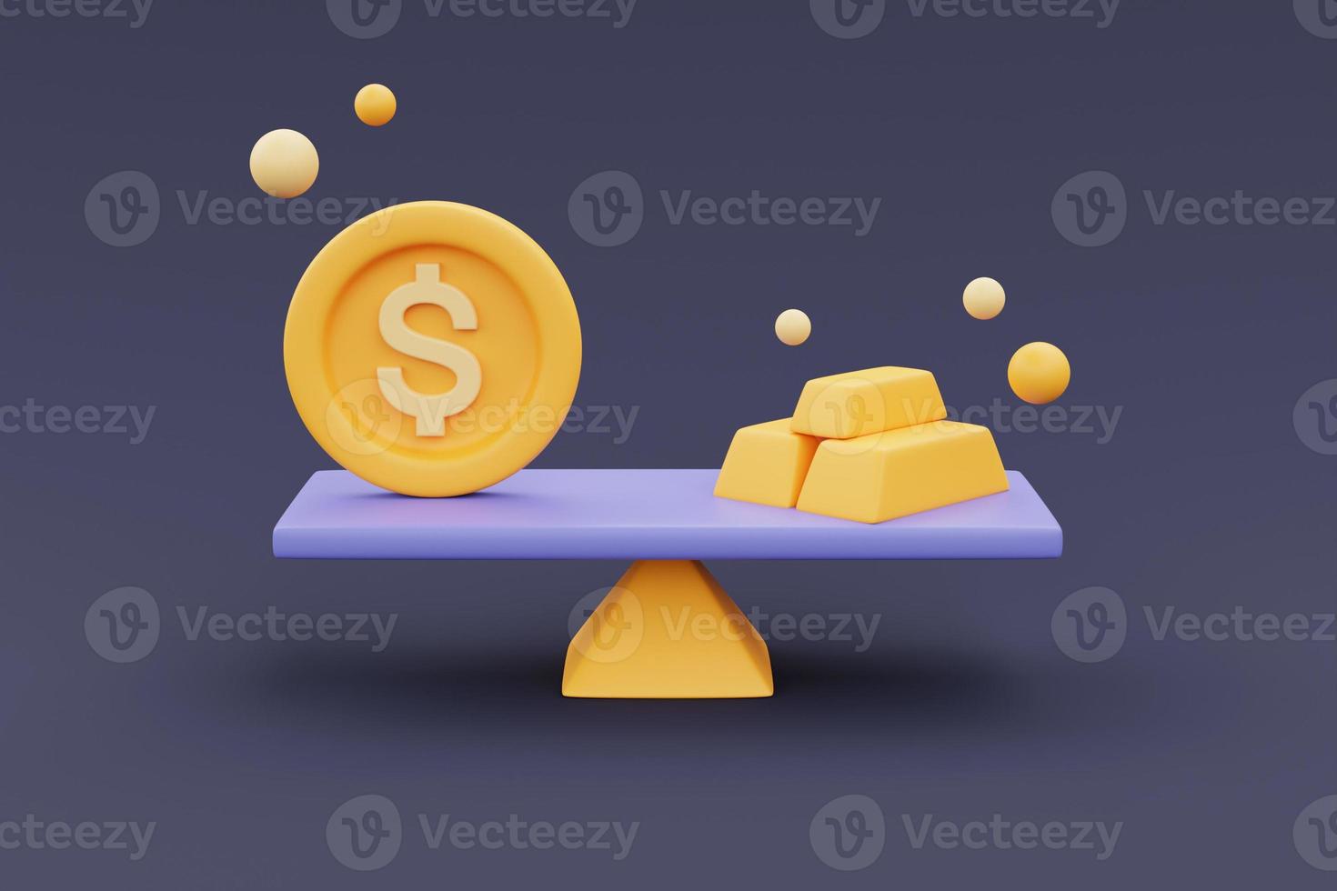 goldene münze mit dollarzeichen vergleichen goldbarren auf einer waage, geschäfts-, finanz- oder währungswechselkonzept, kryptowährung, blockchain-technologie, minimaler stil. 3d-rendering. foto