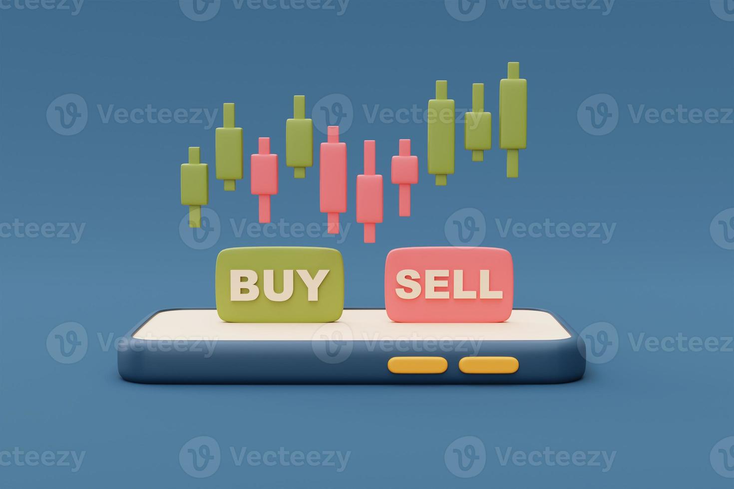 roter und grüner Candlestick-Handelschart auf dem Smartphone-Bildschirm mit Worten Verkaufen und Kaufen, Börsenfinanzstatistiken, Forex, Online-Handelskonzept, minimaler Stil, 3D-Rendering. foto