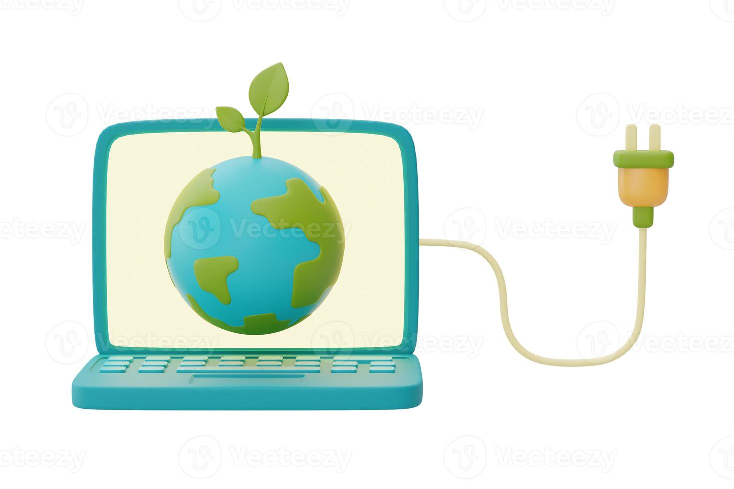 Weltkugel auf Computerbildschirm mit Netzstecker, intelligente Energieeinsparung, Happy Earth Day, Weltumwelttag, umweltfreundlich, 3D-Rendering. foto