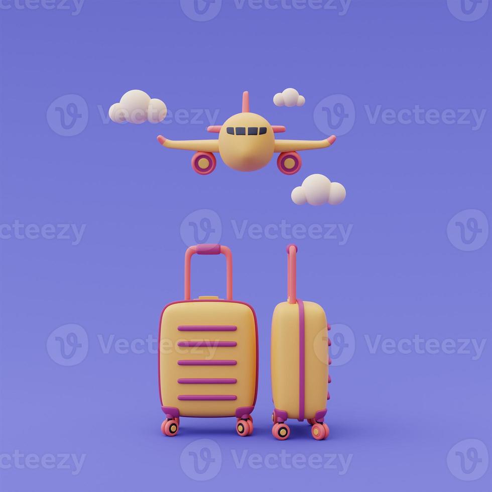 3D-Darstellung von Koffern mit Flugzeug, Online-Reise- und Tourismusplanungskonzept, Urlaubsurlaub, reisefertig. foto