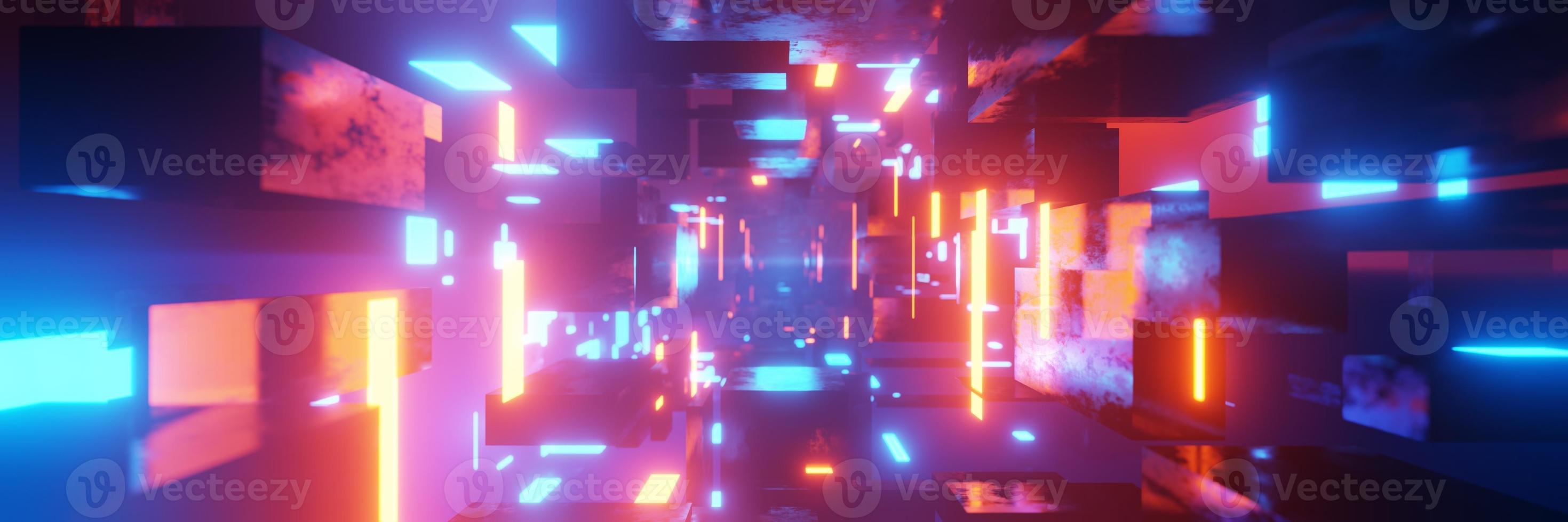 abstrakter futuristischer Tunnellaserwürfel geometrischer Cyberspace-Wurmloch-Cyberpunk-Hintergrund 3D-Rendering foto