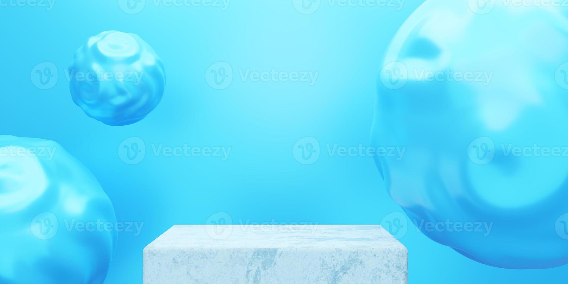 3D-Rendering des leeren Podiums minimaler blauer Hintergrund. szene für werbedesign, kosmetikwerbung, show, showroom, technik, lebensmittel, banner, creme, mode, kind, luxus. Illustration. Warenpräsentation foto