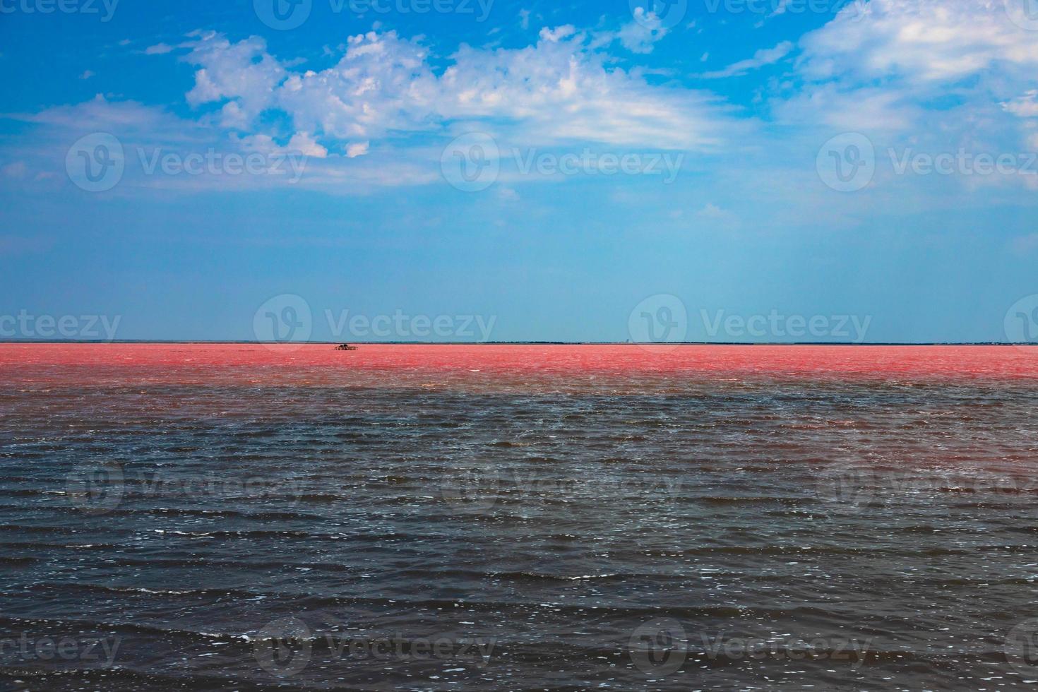 exotischer rosa salzsee und blauer himmel mit wolken. foto