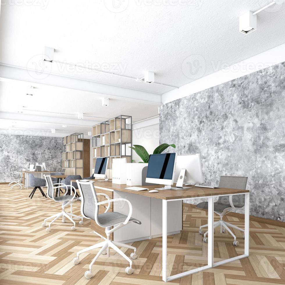 büroraum im industriellen minimalistischen stil mit holzschreibtisch, holzboden und betonwand. 3D-Rendering foto
