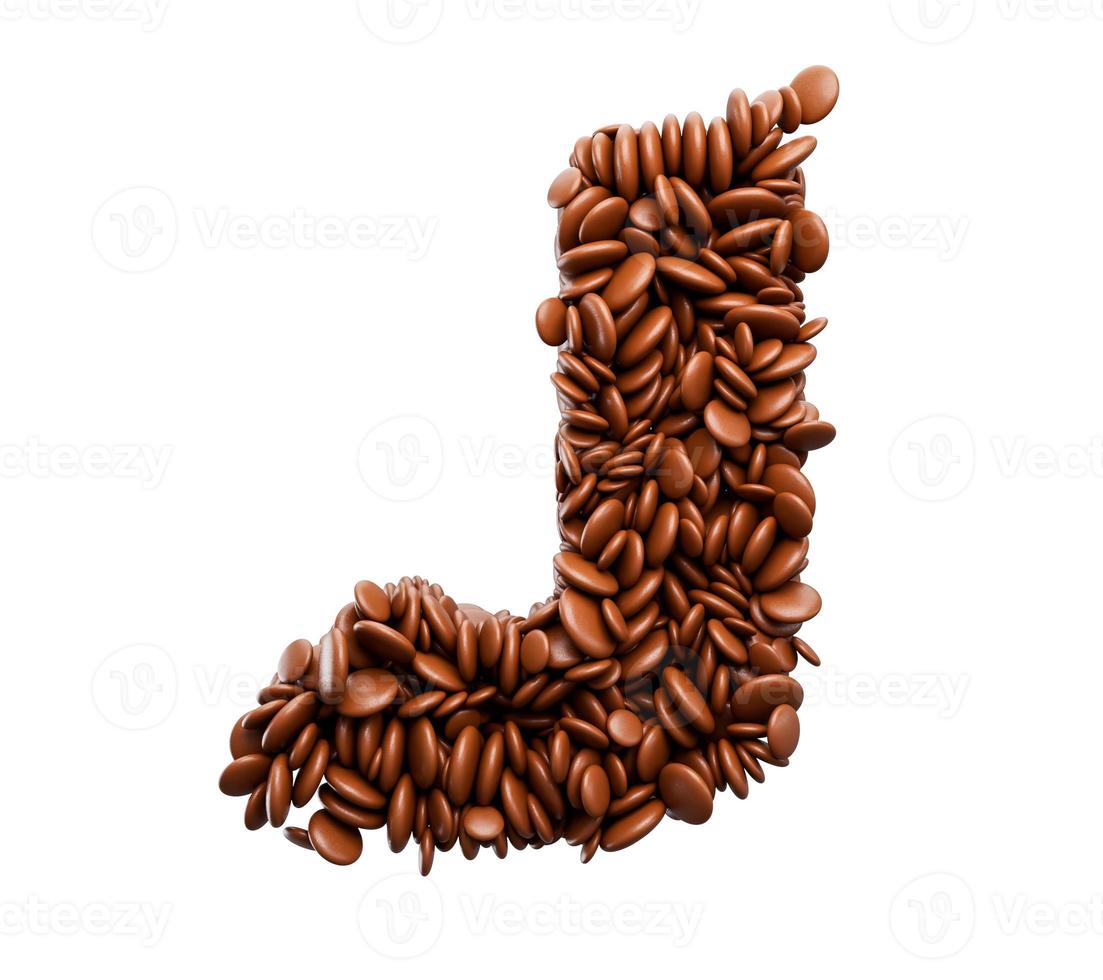 Buchstabe j aus Bohnen mit Schokoladenüberzug Pralinen Alphabet Wort j 3D-Darstellung foto