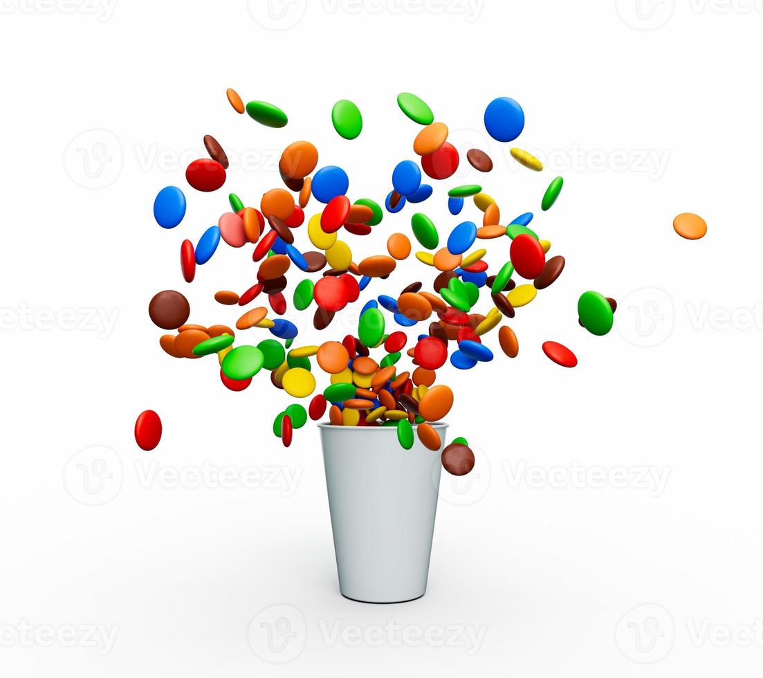 Regenbogenbeschichtete Bohnen, die aus einem Becherbehälter verschüttet werden, der auf Weiß isoliert ist Mehrfarbige Bonbons verschüttete 3D-Darstellung foto