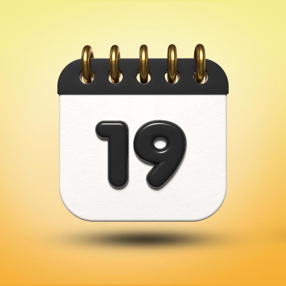 3d transparentes Kalenderdatum 19 für Besprechungsplan, Veranstaltungsplan, Urlaub, Arbeit, Schulfarbe schwarz foto