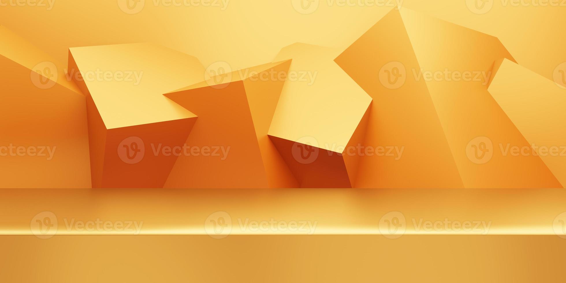 3D-Rendering von leerem Gold abstrakten minimalen Hintergrund mit geometrischer Form. szene für werbung, kosmetikwerbung, schaufenster, banner, creme, mode, luxus. Illustration. Warenpräsentation. Platz kopieren foto