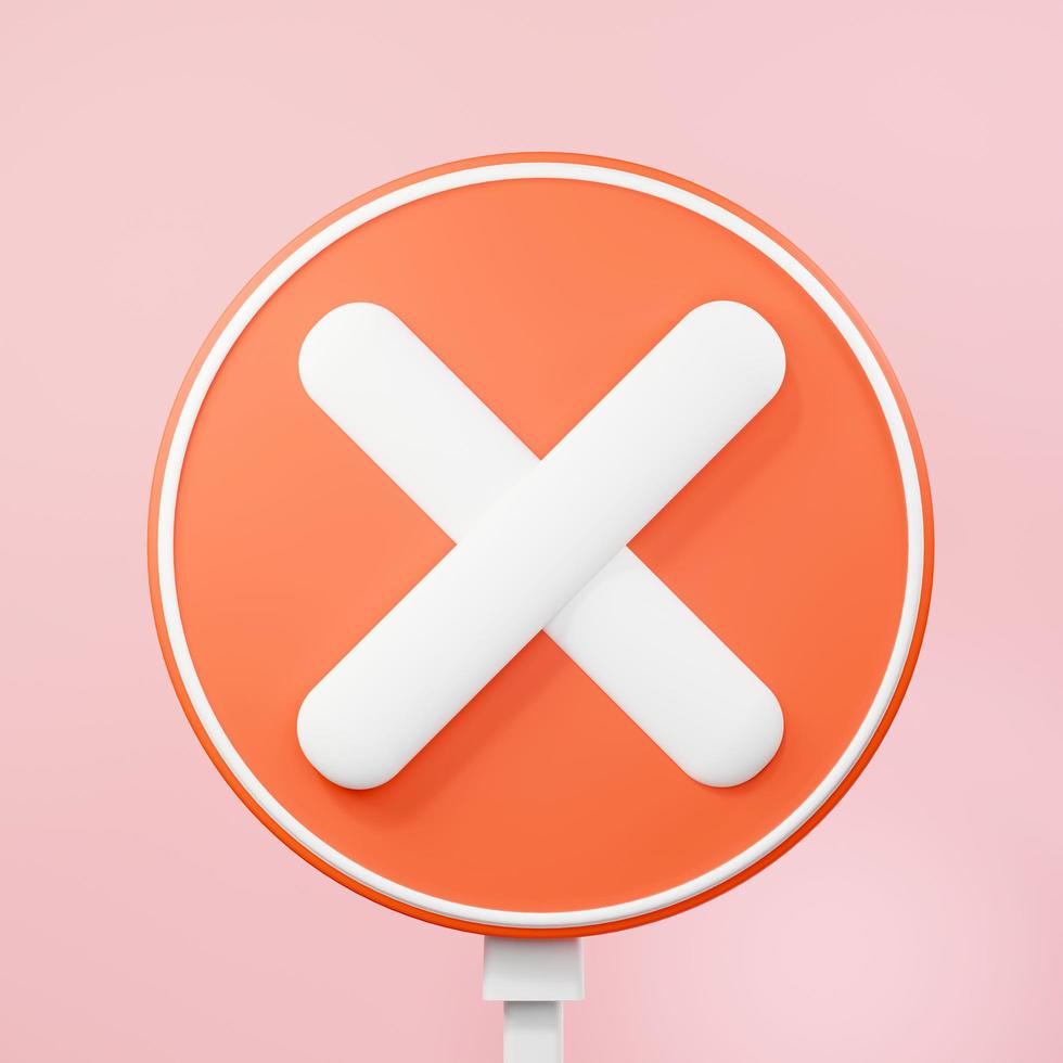 3D-Darstellung des roten X-Kreuz-Häkchen-Symbols auf sauberem Hintergrund für Mock-up und Web-Banner. Cartoon-Interface-Design. Minimales Metaverse-Konzept. foto