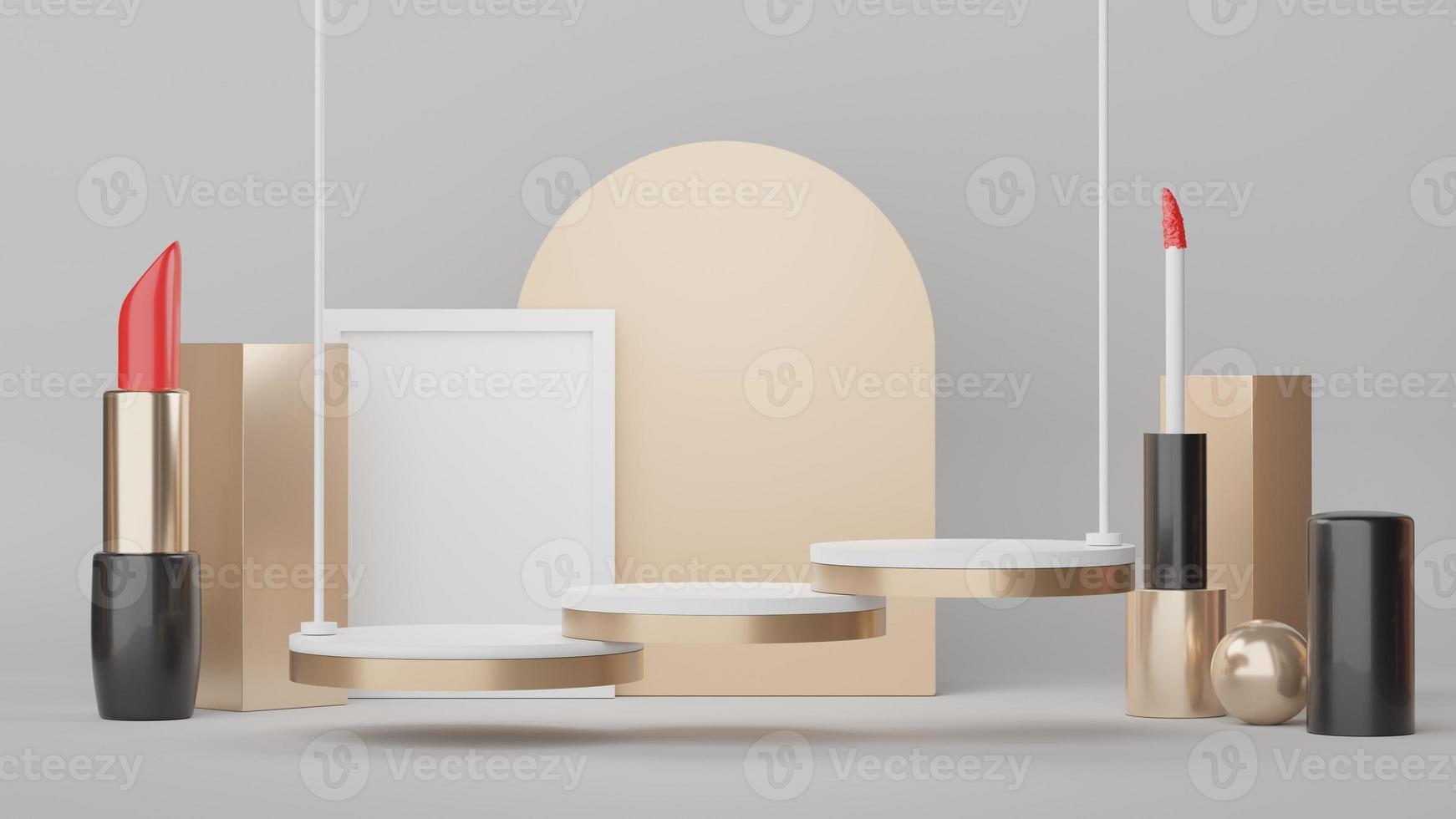 3D-Display-Podium für Produkt- und Kosmetikpräsentation mit Lippenstift und moderner Geometrie. Plattform zum Mock-up und Anzeigen der Marke. Minimal sauberes Design. foto