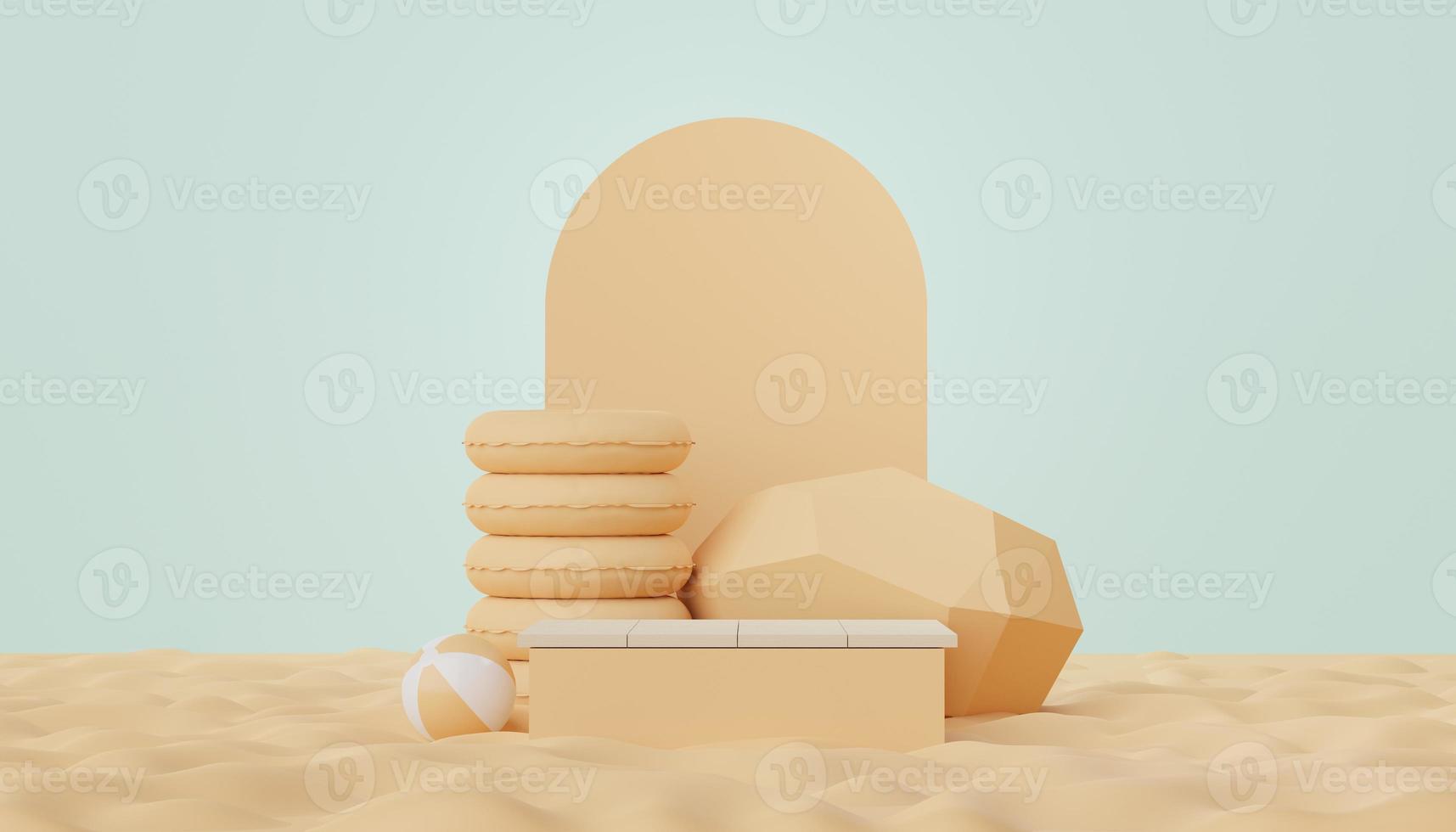 3D-Darstellung eines minimalen Anzeigepodiums mit Sommersaison-Hintergrundkonzept. minimalistischer sockel für webbanner und mock-up. foto