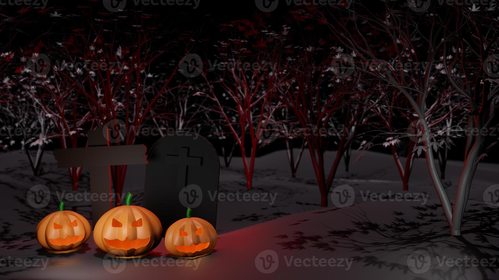 Konzept glücklicher Halloween-Kürbisgeist mit Kruzifix und Grab, im Nachtbaumwaldhintergrund. 3D-Rendering foto