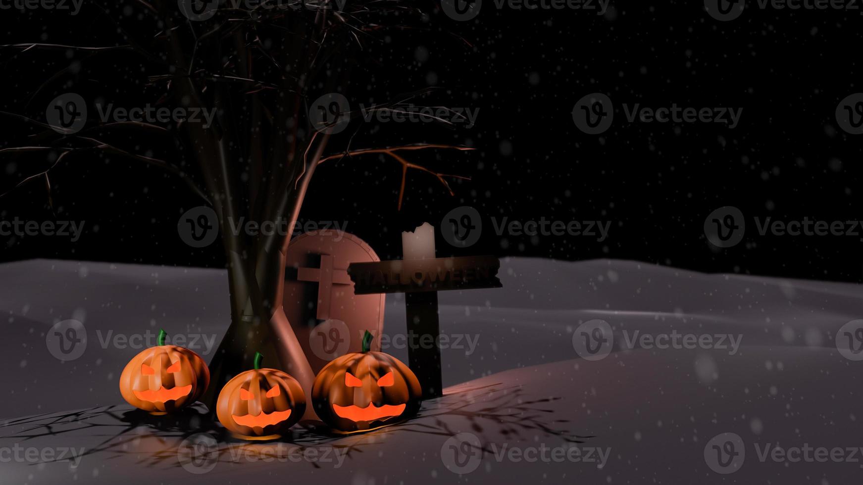 Konzept glücklicher Halloween-Kürbisgeist mit Kruzifix und Grab, im Nachtbaumhintergrund. 3D-Rendering foto