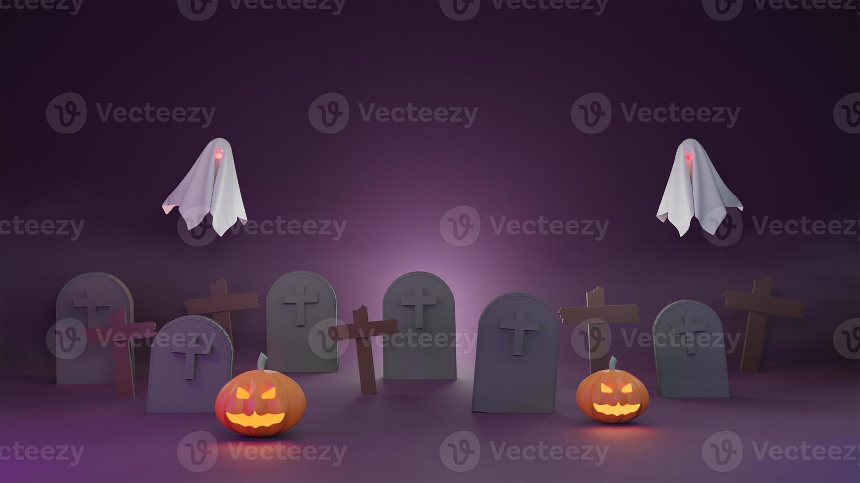 konzept halloween party poster banner kürbisgeist und kruzifix, grab mit nebel. 3D-Rendering foto