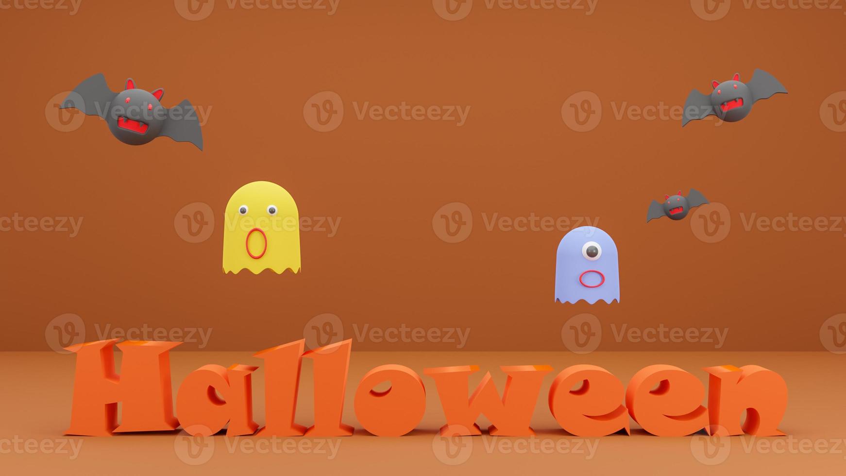 fröhliches halloween, konzept halloween-logo 3d mit fledermauskarikatur und geisterkarikatur auf orangefarbenem hintergrund. 3D-Rendering foto