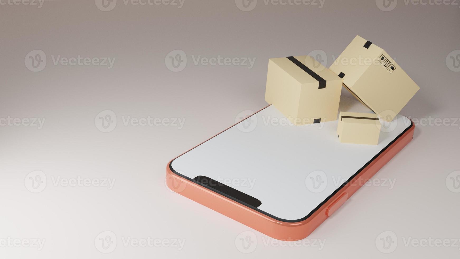 smartphone-navigation und pappkartons, mobiles gps.konzept für schnellen lieferservice. lieferung und online-einkauf im e-commerce durch anwendungsverfolgung. 3d-rendering-illustration. foto