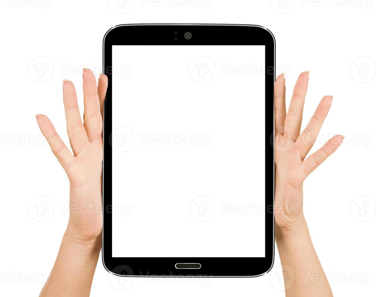 weibliche Hände, die ein Tablet-Touch-Computer-Gadget mit halten foto