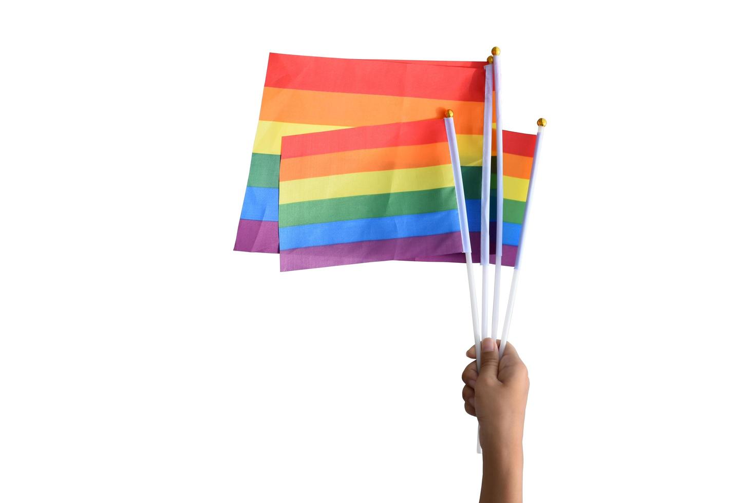 isolierte Regenbogenfahnen in der Hand mit Beschneidungspfaden, foto