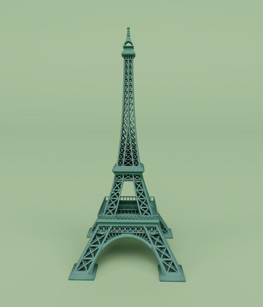 3D-Darstellung der Vorderansicht des Eiffelturms, 3D-Illustration isoliert auf Pastellfarben, minimale Szene foto