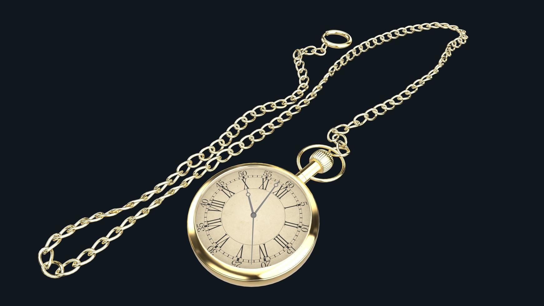 3D-Render Gold Vintage Taschenuhr Kettenglieder isoliert auf schwarzem Hintergrund foto