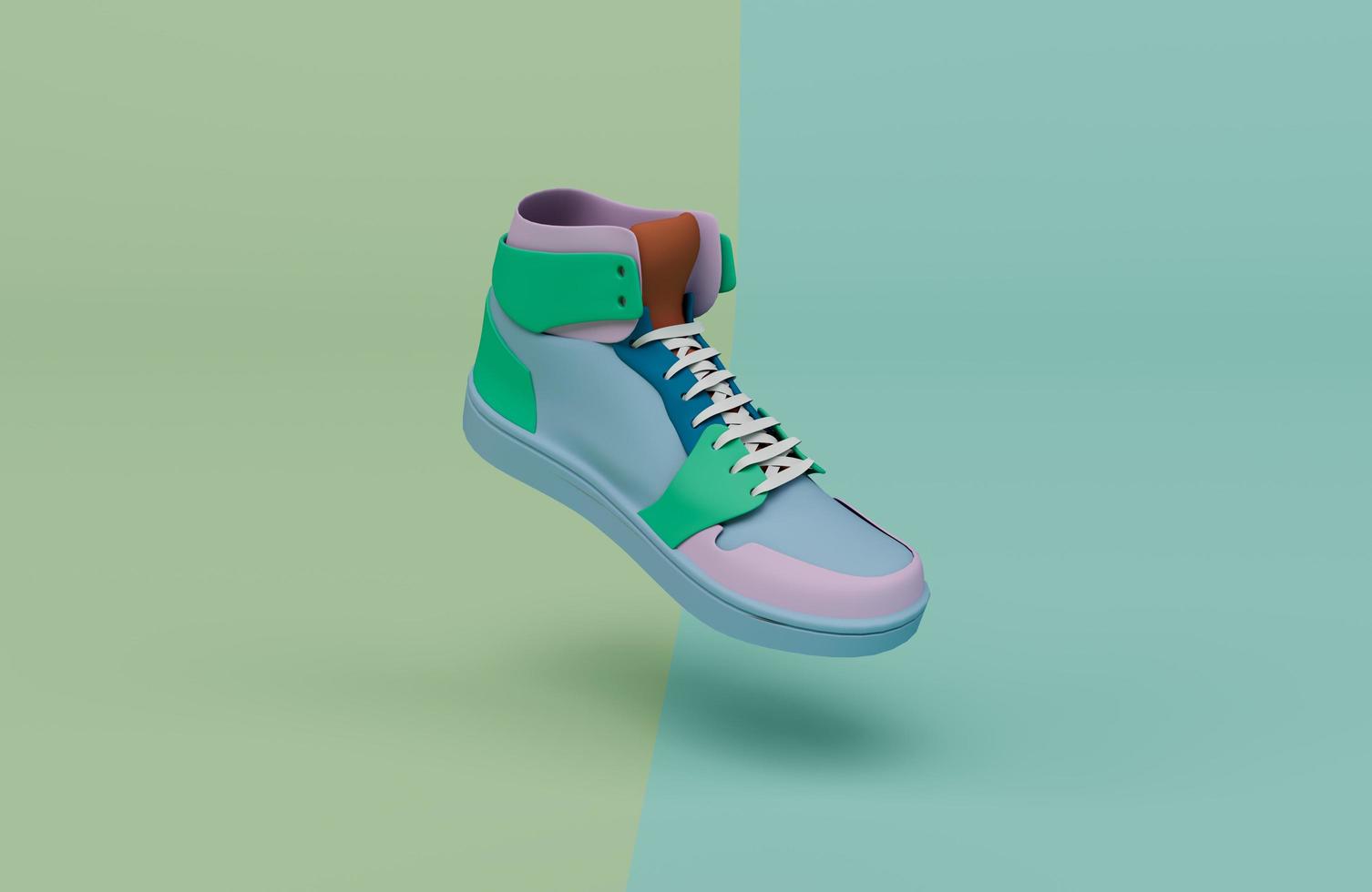 3D-Darstellung von Sportlaufschuhen isoliert auf pastellfarbenem Hintergrund, 3D-Hintergrund minimale Szene foto