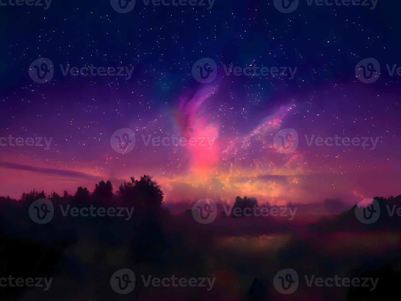 Milchstraße und rosa Licht in den Bergen. nacht bunte landschaft. Sternenhimmel mit Hügeln. schönes Universum. Weltraumhintergrund mit Galaxie. Reisehintergrund foto