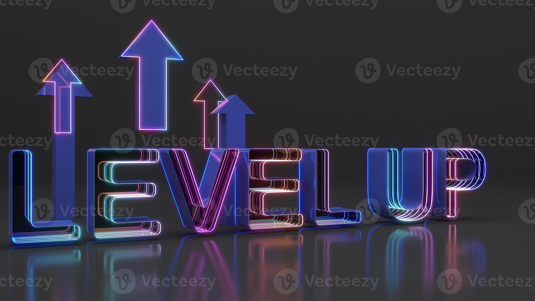 level up charaktere mit neonlichtern.,abstraktes bild von level up.,erhöhen sie die herausforderung,ein höheres wettbewerbsniveau,3d-rendering foto