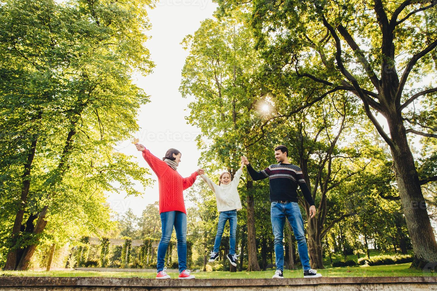 porträt einer freundlichen, liebevollen familie haben sie spaß zusammen, verbringen sie ihre freizeit im freien, stehen sie gegen grüne bäume im park, versuchen sie, ein kleines kind in den händen zu schaukeln. Drei Familienmitglieder spielen mit der Natur foto