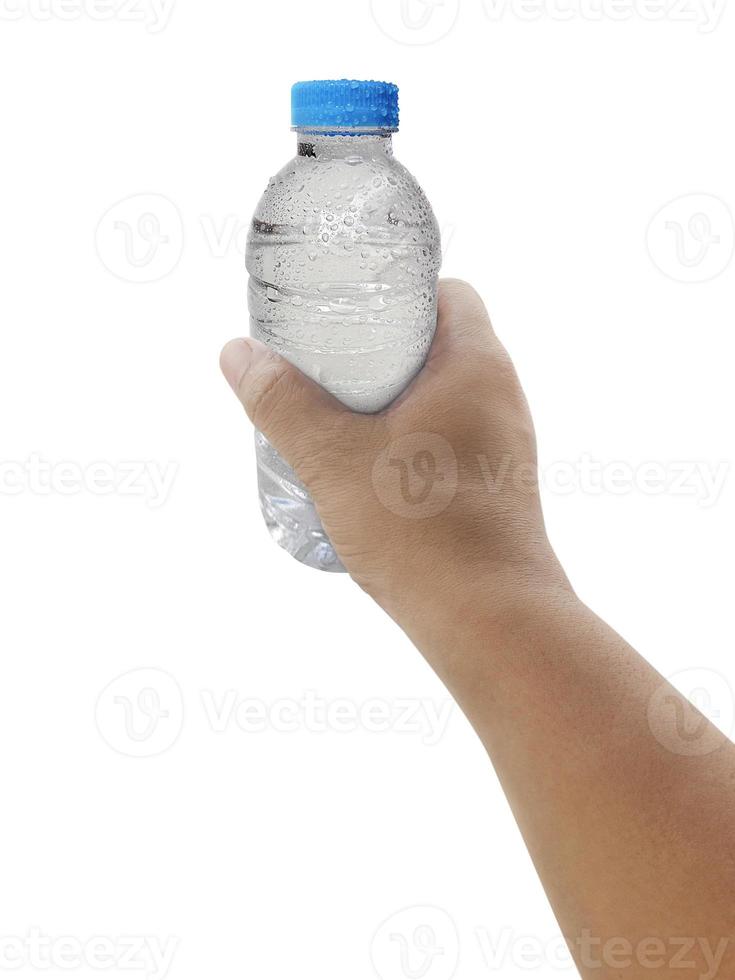 Mann mit Flasche Wasser isoliert auf weißem Hintergrund foto