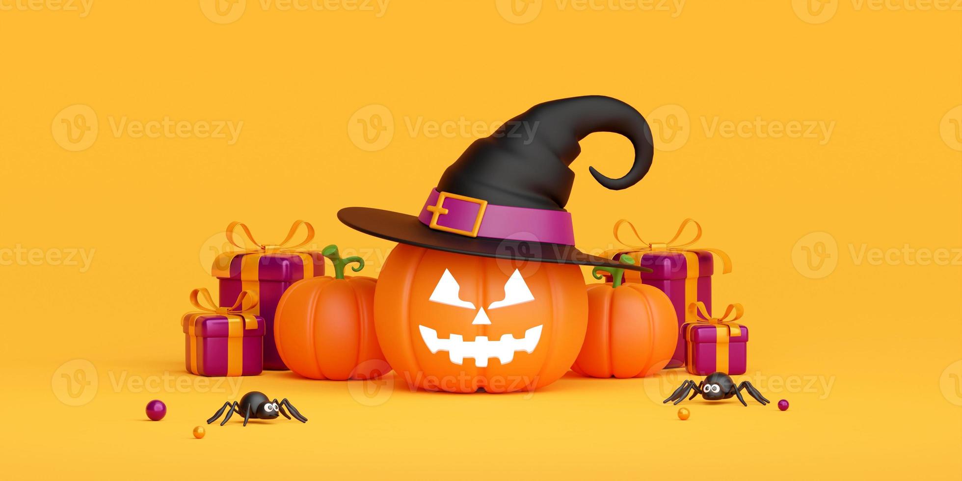 3D-Illustration Banner von Jack o Lantern Wear Hexenhut mit Geschenkbox, fröhliches Halloween foto