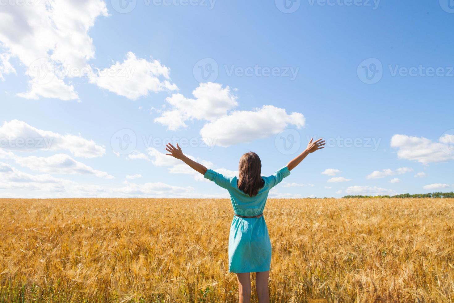 junge Frau, die Sonnenlicht mit erhobenen Armen im Strohfeld genießt foto