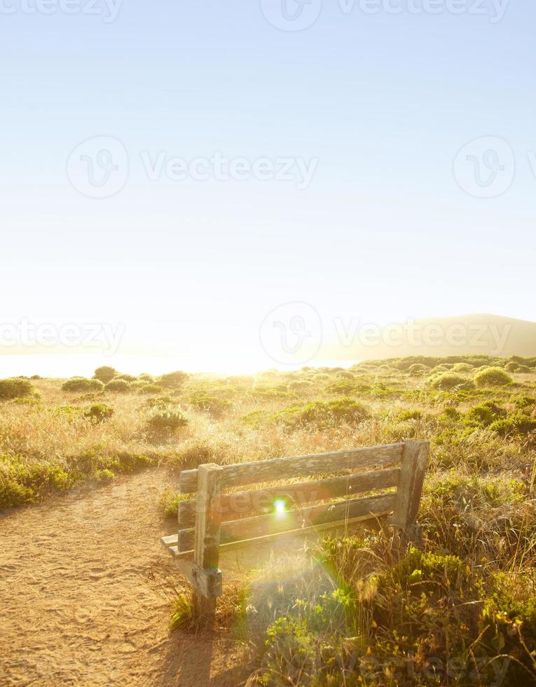 Holzbank auf einem Feld während des Sonnenuntergangs foto