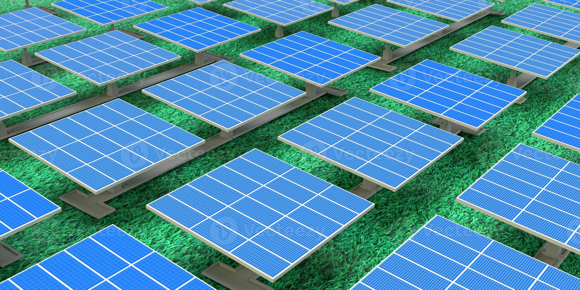 sonne solarzelle energie brennstoff kraftwerk elektrische lichtmaschine nachhaltige photovoltaik-panel auf gras bauernhof feld dekoration symbol grün saubere umwelt technologie system industrie.3d render foto