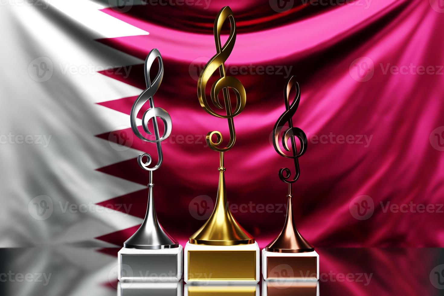 Violinschlüsselpreise für den Gewinn des Musikpreises vor dem Hintergrund der Nationalflagge von Katar, 3D-Darstellung. foto